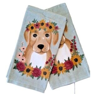 Ritz Sitting Pretty Puppy Kitchen Towels 2pc Fall Floral Daisy on Gray Gift NEW